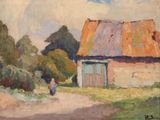 tableau représentant une femme marchant sur un chemin de terre devant une grange