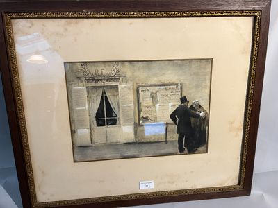 tableau représentant un homme et une femme debout devant un bâtiment