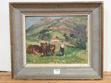 a picture of a painting of a man and a group of cows