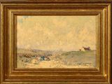 une peinture à l'huile représentant un paysage avec une ferme et une maison au loin
