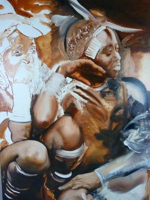 un tableau représentant un homme assis sur une chaise, coiffé d'un chapeau