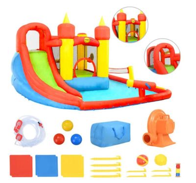 an image of a set of toys including a bouncer, ball pit, and other items