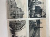 several old black and white photos of a building and a clock