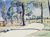 peinture représentant un sentier dans un parc, bordé d'arbres de chaque côté
