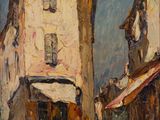 une image représentant une peinture d'une scène de rue avec des bâtiments