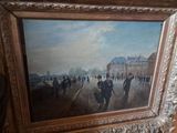 un tableau représentant des personnes marchant dans une rue d'une ville
