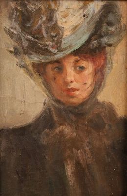 an oil painting of a woman wearing a hat and a fur coat
