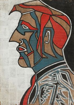 un tableau représentant un homme avec un chapeau rouge et le visage bleu