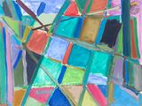 peinture représentant une œuvre d'art abstraite aux couleurs vives sur laquelle figure une horloge