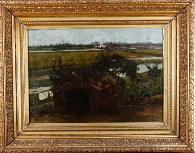 une peinture à l'huile représentant une scène de vie à la ferme avec un cheval et une calèche