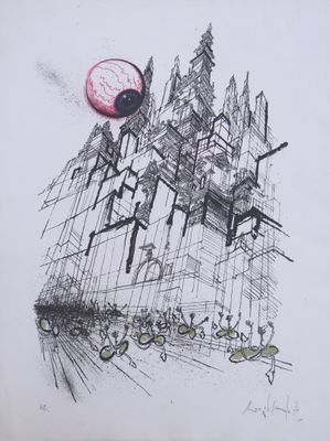 une image représentant le dessin d'un bâtiment avec une boule rouge au milieu