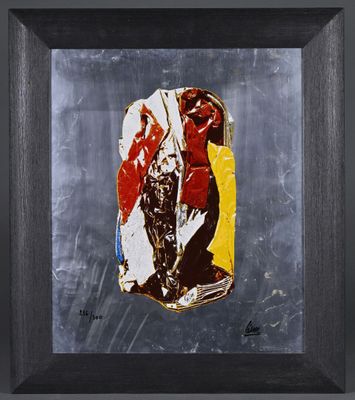 an image of a painting of a man in a red and white shirt