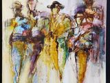 painting of a group of people walking down a street with umbrellas
