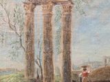 an image of a painting of a man standing in front of a building