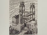 a black and white drawing of a building with a clock tower