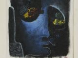 an image of a painting of a woman ' s face with yellow eyes