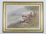 painting of a group of people sitting on a hill by the water