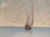 a painting of a sailboat on the water with seagulls in the background
