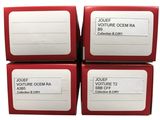 four red boxes with white labels are stacked on top of each other