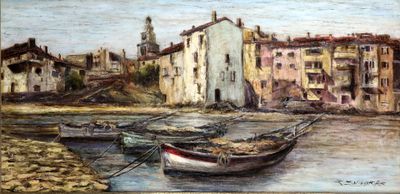 une peinture d'un bateau dans l'eau près d'un bâtiment