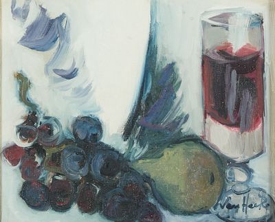 une peinture représentant des raisins, des poires et un verre de vin posés sur une table