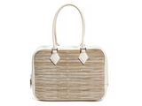 beige and white handbag on white background with clippings