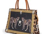 a leopard print handbag with two leopards on it