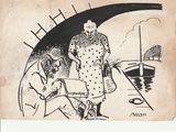 drawing of a man and a woman standing on a dock next to a boat