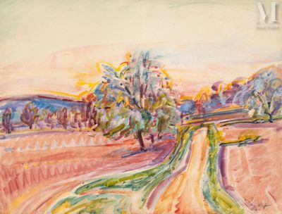 an image of a painting of a dirt road with trees in the distance
