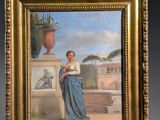 un vieux tableau représentant une femme en robe bleue debout devant une plante en pot