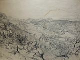 dessin représentant une vallée avec une montagne au loin