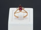 gros plan d'une bague en or avec une pierre rouge