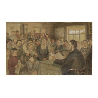 peinture d'un groupe de personnes assises autour d'une table dans une pièce