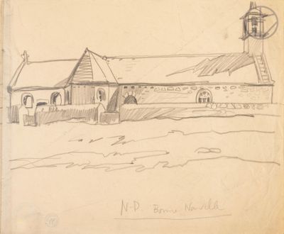 drawing of a farm with a windmill and a barn in the background