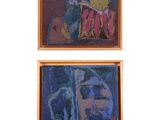 two paintings of a woman and a man are hanging on a wall