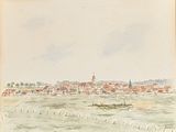 tableau représentant une vue d'une ville avec une église au loin