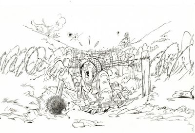 dessin représentant un homme dans une cage au milieu d'un champ