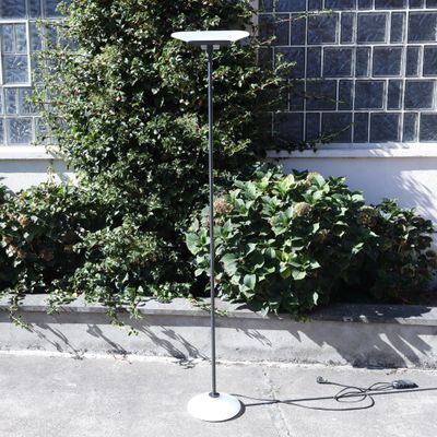 une lampe située sur le trottoir près d'un buisson