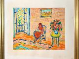 painting of a woman sitting in a chair in front of a window with a vase of flowers