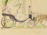 drawing of a horse drawn carriage with a man and a woman sitting in it