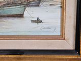 a painting of a man in a boat on the water