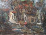 an oil painting of a person walking a dog down a street