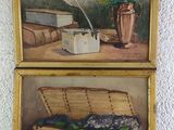 two paintings of books, a vase, and a pen on a table
