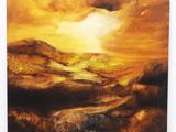 une peinture à l'huile représentant un paysage avec des collines et des nuages en arrière-plan