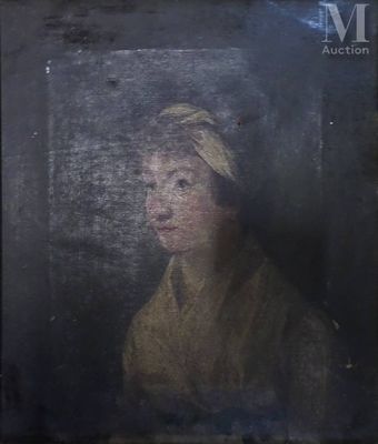 un vieux tableau représentant une femme en robe jaune sur fond noir