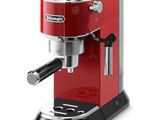 a close up of a red coffee machine on a white background