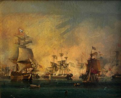 an image of a painting of a naval battle with ships in the water