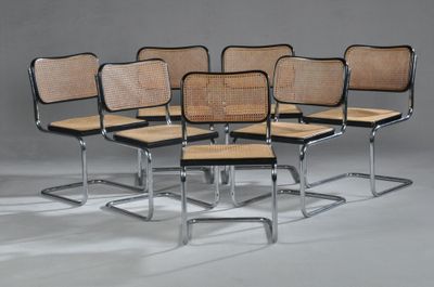 six chaises de salle à manger en chrome et rotin, dans le style de Marcel Marcel