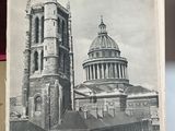 an old book with a picture of a building and a clock tower