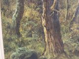 an image of a painting of a forest scene with trees and rocks